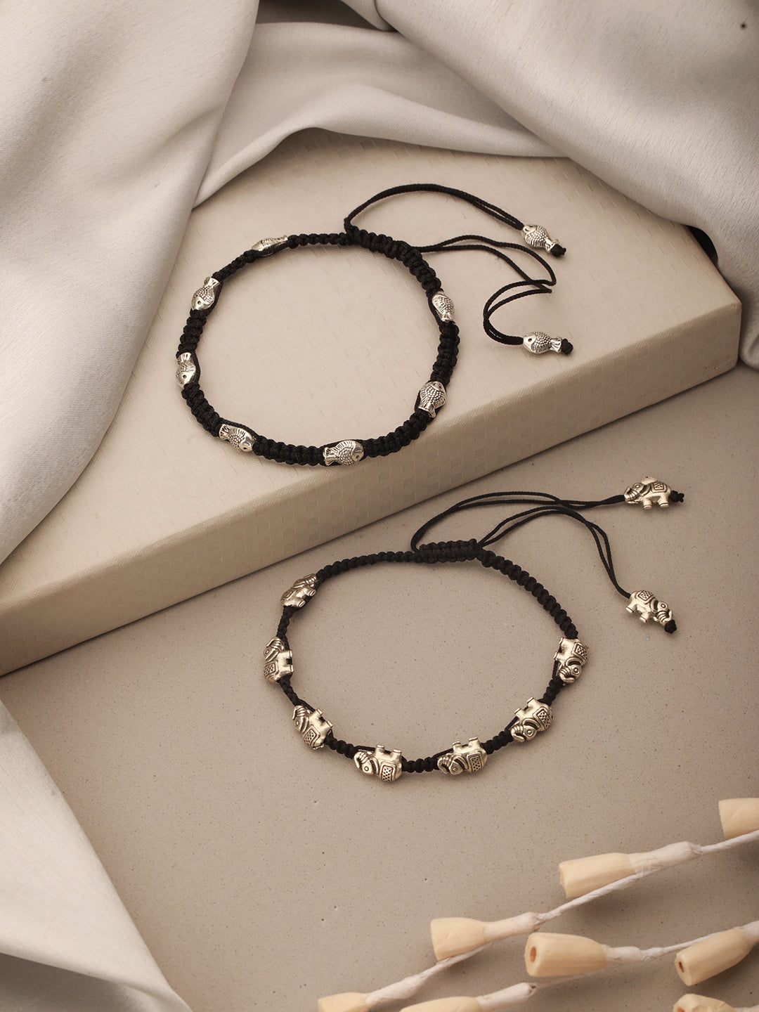 Combo of 2 Silver oxidised Charms beaded Thread Tie Up payal Anklet